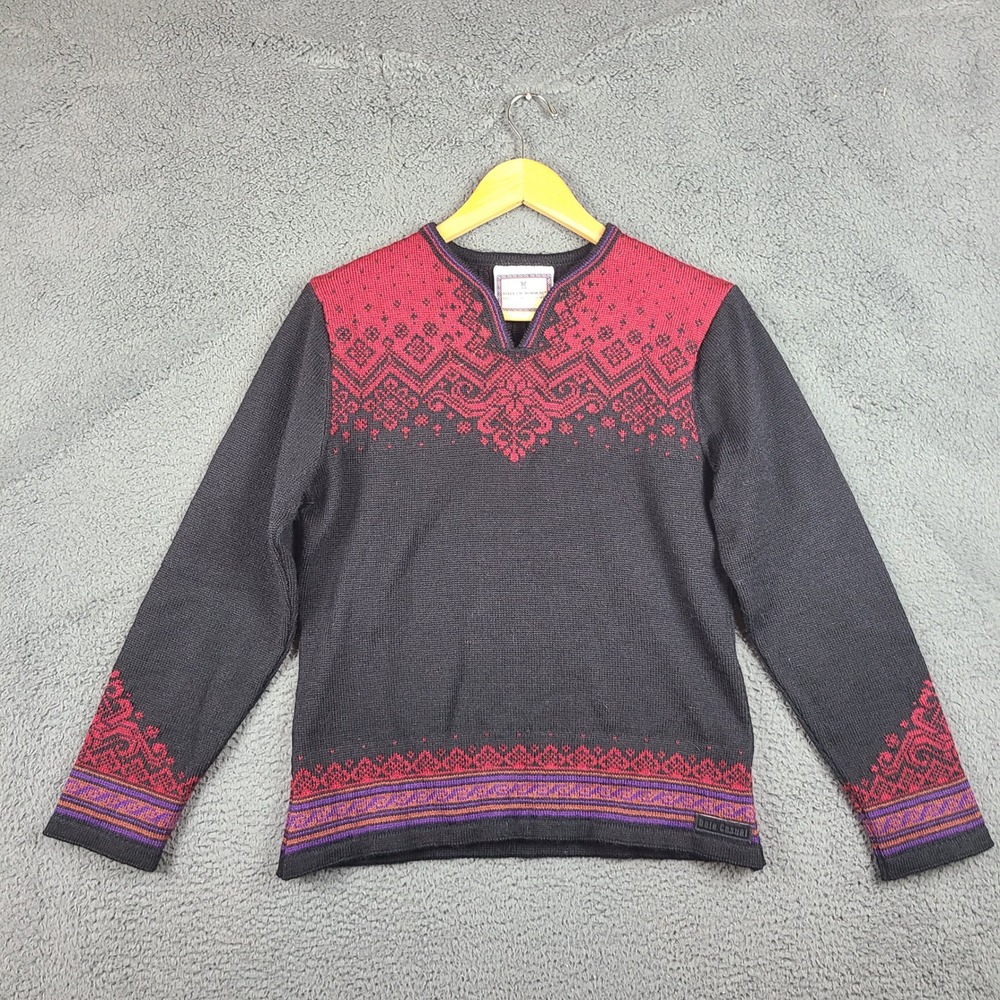 Dale of Norway Wool Sweater Womens Medium Black Red Fair Isle Nordic Split Neck